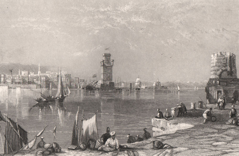 The new harbour at Rhodes, Greece 1840 old antique vintage print picture